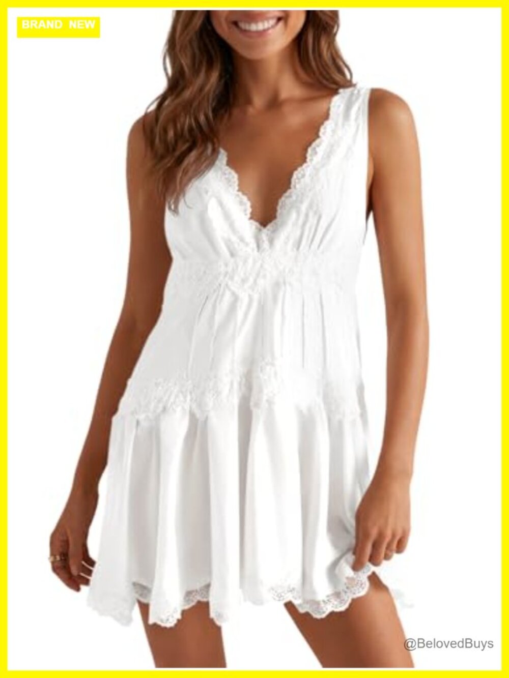 Satin Lace Trim Mini Dress V-Neck Sleeveless A-Line Babydoll Summer